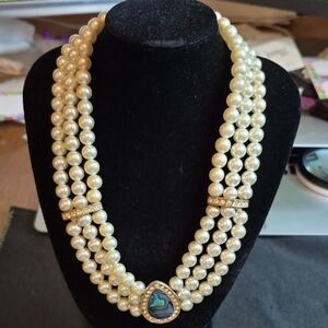Triple Strand Pearl Necklace w/Blue-Green Teardrop Pendant